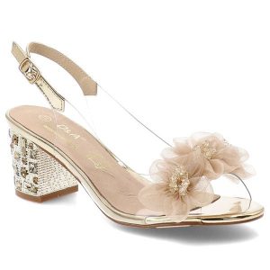 Sandały damskie S.Barski, cholewka z tworzywa ozdobne kwiaty regulowany pasek stabilny obcas elegancki fason, złote, MR61-9009. Żółte sandały S.BARSKI, z aplikacjami, bez obcasa, na obcasie, bez zapięcia. Za 199,00 zł.