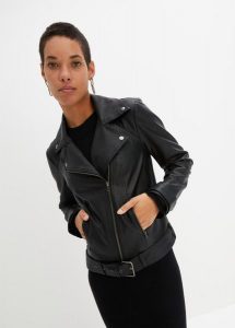 Kurtka biker. Czarne kurtki bonprix, bez wzorów, ze skóry, bez kaptura. Za 289,99 zł.