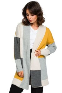 Sweter kardigan narzutka kolorowy geometryczny wzór szary. Szare długie swetry Polskie swetry, s, z dzianiny, z asymetrycznym kołnierzem. Za 249,00 zł.