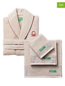 Benetton 4-częściowy zestaw w kolorze beżowym rozmiar: L/XL. Brązowe szlafroki Benetton, l, bez wzorów, z bawełny, bez kaptura. Za 365,48 zł.