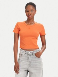 HUGO T-Shirt Delanor 50512000 Pomarańczowy Slim Fit. Brązowe t-shirty Hugo, s, bez wzorów, z bawełny, bez kołnierzyka, bez ramiączek. Za 214,99 zł.