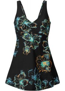 Sukienka kąpielowa shape z dekoltem w serek, średni stopień modelowania sylwetki. Czarne sukienki bonprix, na plażę, bez wzorów, eleganckie, bez kołnierzyka, bez ramiączek. Za 169,99 zł.