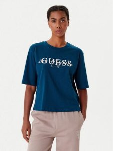 Guess T-Shirt V5YI02 I3Z14 Niebieski Boxy Fit. Niebieskie t-shirty Guess, xxs, z aplikacjami, z bawełny, bez kołnierzyka, bez ramiączek. Za 109,99 zł.