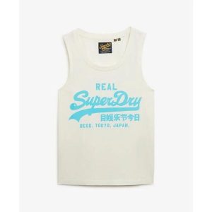 Damski tank top Superdry Vl. Białe topy Superdry, bez wzorów, bez kołnierzyka, bez ramiączek. W wyprzedaży za 125,80 zł.