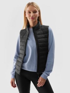 4F Bezrękawnik puchowy z wypełnieniem z recyklingu damski - czarny XS. Czarne kamizelki 4f, xs, bez wzorów, z gumy, bez kołnierzyka, bez ramiączek, bez kaptura. W wyprzedaży za 99,99 zł.