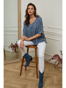 La Compagnie Du Lin Bluzka "Folies" w kolorze granatowym rozmiar: XL. Niebieskie bluzki La Compagnie Du Lin, xl, bez wzorów, bez kołnierzyka, bez ramiączek. Za 144,92 zł.