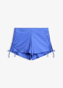 Szorty kąpielowe z wszytymi figami z połyskującego materiału. Niebieskie bikini bonprix, bez wzorów. Za 64,99 zł.
