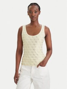 Guess Top W6GP10 K2932 Żółty Regular Fit. Żółte topy Guess, xl, z aplikacjami, z bawełny, bez kołnierzyka, bez ramiączek. Za 181,99 zł.