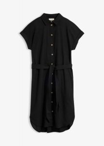 Sukienka szmizjerka z lnem i paskiem. Czarne sukienki bonprix, bez wzorów, z wiskozy, eleganckie, bez kołnierzyka, bez ramiączek, szmizjerki. Za 109,99 zł.