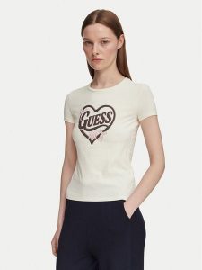 Guess T-Shirt V6YI09 K4276 Beżowy jasny Slim Fit. Brązowe t-shirty Guess, l, z aplikacjami, z bawełny, bez kołnierzyka, bez ramiączek. Za 154,99 zł.