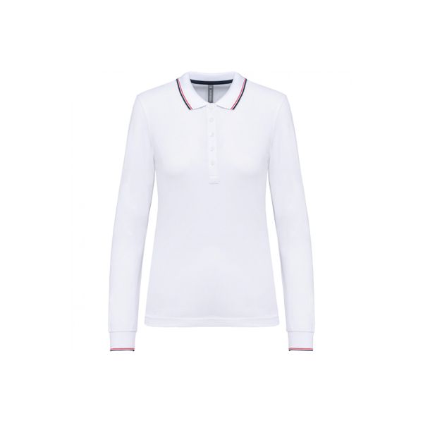 Damska koszulka polo pique z długim rękawem Kariban. Białe bluzki KARIBAN, bez wzorów, bez kołnierzyka, bez ramiączek. Za 140,00 zł.