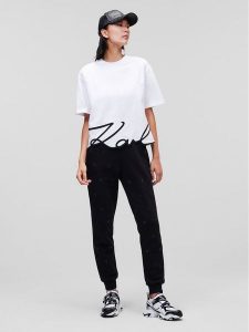 KARL LAGERFELD T-Shirt Signature Hem 226W1703 Biały Relaxed Fit. Białe t-shirty KARL LAGERFELD, xs, bez wzorów, z bawełny, bez kołnierzyka, bez ramiączek. Za 299,99 zł.
