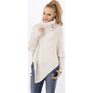 Beżowy Sweter-Ponczo z Golfem z Ozdobnymi Guzikami. Golfy marki Molly.pl. Za 98,90 zł.