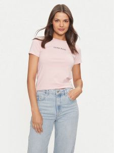 Guess Jeans T-Shirt W4YI01 J1314 Różowy Slim Fit. Czerwone t-shirty Guess Jeans, xl, z aplikacjami, z bawełny, bez kołnierzyka, bez ramiączek. Za 89,99 zł.