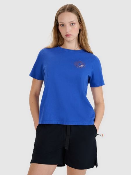 4F T-shirt regular z nadrukiem damski - niebieski M. Niebieskie t-shirty 4f, m, bez wzorów, z bawełny, bez kołnierzyka, bez ramiączek. W wyprzedaży za 29,99 zł.