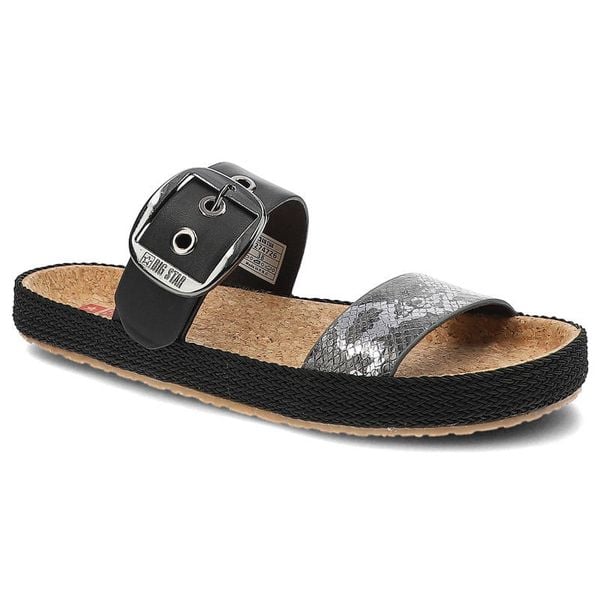 Klapki damskie Big Star, materiał syntetyczny z regulowanym paskiem zapinanym na klamrę profilowaną wkładką, czarne wężowe, JJ274726. Czarne klapki Big Star, bez wzorów, z materiału, bez obcasa. Za 109,00 zł.