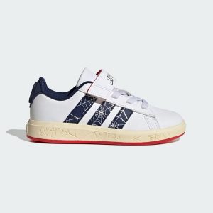 PANTOFELKI DLA DZIECI ADIDAS MARVEL SPIDER-MAN GRAND. Białe jeansy ADIDAS, bez wzorów, z gumy, z standardowym stanem. Za 199,00 zł.