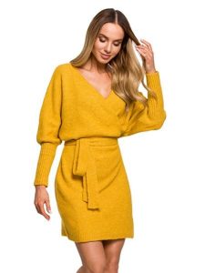 Made of emotion Sukienka w kolorze musztardowym rozmiar: S/M. Żółte sukienki Made Of Emotion, m, bez wzorów, z bawełny, bez kołnierzyka, bez ramiączek, mini, kopertowe. Za 228,38 zł.