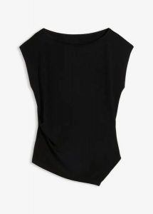Asymetryczny top z materiału punto di roma. Czarne topy bonprix, bez wzorów, z asymetrycznym kołnierzem, bez ramiączek. Za 77,99 zł.