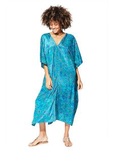Aller Simplement Kaftan w kolorze niebieskim rozmiar: 34-40. Niebieskie sukienki Aller Simplement, bez wzorów, z wiskozy, bez kołnierzyka, bez ramiączek, maxi. Za 52,67 zł.