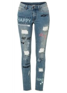 Dżinsy skinny, mid waist. Niebieskie jeansy bonprix, bez wzorów, z jeansu. Za 149,99 zł.