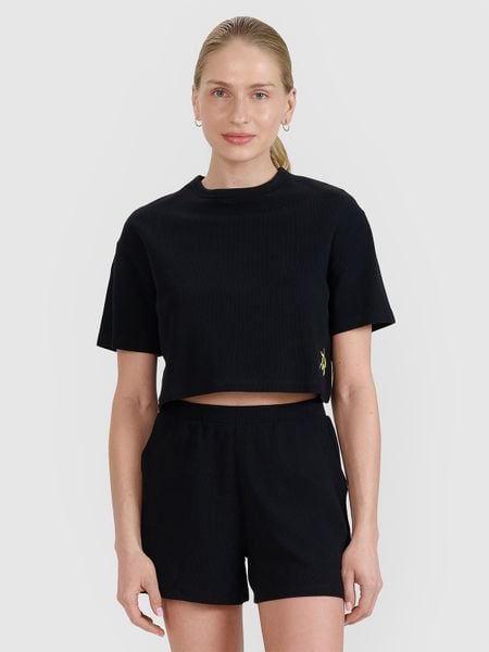4F T-shirt crop top z waflowej dzianiny damski - czarny XS. Czarne t-shirty 4f, xs, bez wzorów, z bawełny, bez kołnierzyka, bez ramiączek. W wyprzedaży za 49,99 zł.