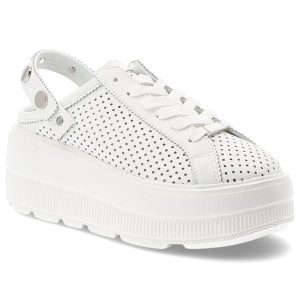 Klapki damskie S.Barski, ze skóry naturalnej licowej ażurowa cholewka platforma sznurowane styl casual, białe, LR61-7088. Białe klapki S.BARSKI, w ażurowe wzory, ze skóry, bez obcasa, na platformie. Za 229,00 zł.