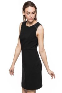 DAMSKA SUKIENKA TOM TAILOR ETUI DRESS WITH LEATHER PATCH. Czarne sukienki Tom Tailor, na co dzień, s, bez wzorów, ze skóry ekologicznej, klasyczne, bez kołnierzyka, bez ramiączek, dopasowane. W wyprzedaży za 69,99 zł.