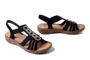 RIEKER V2870-00 black, sandały damskie. Czarne sandały Rieker, bez wzorów, bez obcasa, bez zapięcia. Za 223,93 zł.