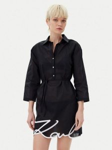 KARL LAGERFELD Sukienka koszulowa A1W46006 Czarny Regular Fit. Czarne kombinezony KARL LAGERFELD, xs, bez wzorów, z bawełny, bez kołnierzyka, bez ramiączek. Za 449,99 zł.