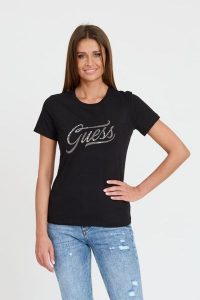 GUESS Czarny T-shirt STONES&EMBRO TEE. Czarne t-shirty Guess, s, z aplikacjami, bez kołnierzyka, bez ramiączek. W wyprzedaży za 202,99 zł.