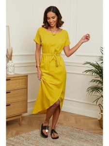 Le Monde du Lin Lniana sukienka w kolorze żółtym rozmiar: 34/36. Żółte sukienki Le Monde du Lin, bez wzorów, ze lnu, z asymetrycznym kołnierzem, bez ramiączek, midi, asymetryczne. Za 130,99 zł.