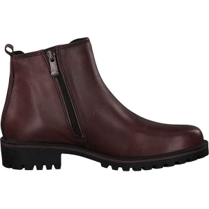 Skórzane botki w kolorze bordowym. Czerwone botki marki Marco Tozzi, z materiału. W wyprzedaży za 159,95 zł.