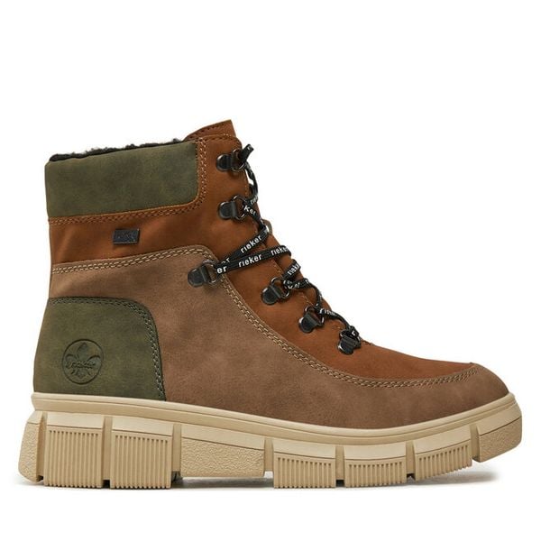 Trzewiki Rieker. Brązowe botki Rieker, bez wzorów, bez obcasa, na płaskiej podeszwie, bez zapięcia. Za 279,99 zł.