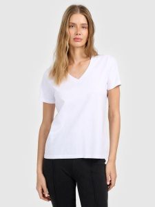 4F T-shirt regular gładki damski - biały L. Białe t-shirty 4f, l, bez wzorów, z materiału, bez kołnierzyka, bez ramiączek. Za 49,99 zł.