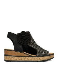 Rieker Sandały CEO-63791-01 Czarny. Czarne sandały Rieker, bez wzorów, z materiału, bez obcasa, na koturnie, bez zapięcia. Za 359,99 zł.