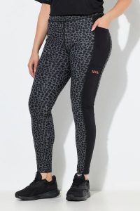 Damskie Legginsy sportowe szybkoschnące kieszenie z recyklingu. Czarne legginsy Ulla Popken, bez wzorów, z elastanu, z podwyższonym stanem. Za 239,99 zł.