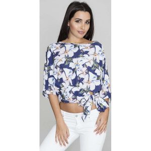 Kwiatowa Krótka Bluzka z Wiązaną Kokardą. Białe bluzki Figl, xl, bez wzorów, bez kołnierzyka, bez ramiączek. Za 189,00 zł.