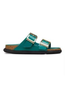 Birkenstock Skórzane klapki "Arizona" w kolorze zielonym rozmiar: 36. Zielone klapki Birkenstock, bez wzorów, z otwartym noskiem, bez obcasa. Za 474,95 zł.