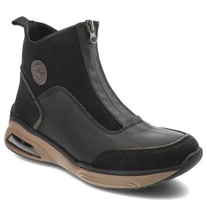 Czarne Botki Rieker Modne Obuwie Damskie. Czarne botki Rieker, bez wzorów, z materiału, bez obcasa, bez zapięcia. Za 314,99 zł.