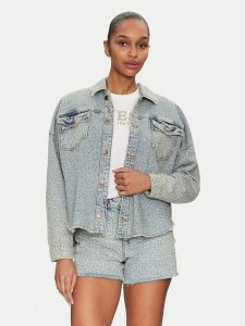 Guess Kurtka jeansowa W5GN90 D5LQ2 Niebieski Regular Fit. Niebieskie kurtki Guess, l, z aplikacjami, z bawełny, bez kaptura. Za 489,99 zł.