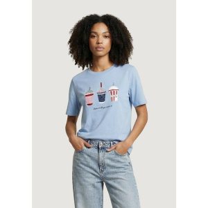 Koszulka crop top Kobieta ONLY Onlburst Life S/S Popcorn Top Box Jrs. Niebieskie topy ONLY, s, bez wzorów, z bawełny, bez kołnierzyka, bez ramiączek. Za 154,20 zł.