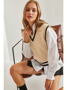 Bianco Lucci Bezrękawnik w kolorze czarno-beżowym rozmiar: onesize. Brązowe swetry oversize Bianco Lucci, bez wzorów, ze splotem, bez ramiączek. Za 82,44 zł.