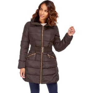 Płaszcz w kolorze czarnym. Czarne płaszcze marki Snowie Collection, na zimę, w paski, z tkaniny. W wyprzedaży za 227,95 zł.