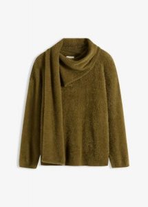 Sweter oversize z szalem. Zielone swetry klasyczne bonprix, bez kołnierzyka. Za 114,99 zł.