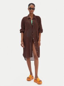 Seafolly Koszula Crinkle 55536-CU Brązowy Relaxed Fit. Brązowe koszule Seafolly, l, bez wzorów, z bawełny, bez kołnierzyka, bez ramiączek. Za 429,99 zł.