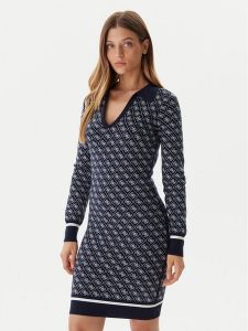 Guess Sukienka dzianinowa W5BK25 Z3JD2 Granatowy Slim Fit. Niebieskie kombinezony Guess, l, z aplikacjami, z dzianiny, bez kołnierzyka, bez ramiączek. Za 429,99 zł.