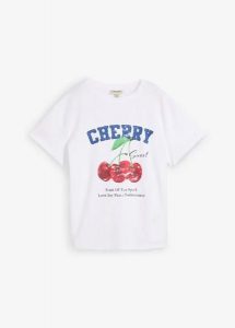 T-shirt z nadrukiem z czystej bawełny organicznej. Białe t-shirty bonprix, bez wzorów, z bawełny, bez kołnierzyka, bez ramiączek. Za 42,99 zł.
