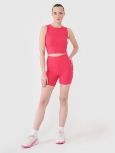 4F Legginsy krótkie dzianinowe damskie - różowe M. Czerwone legginsy 4f, bez wzorów, z bawełny, z podwyższonym stanem, krótkie. W wyprzedaży za 39,99 zł.