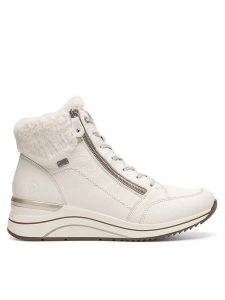 Remonte Trzewiki D0T77-80 Biały. Białe botki Remonte, bez wzorów, ze skóry, bez obcasa, na koturnie, bez zapięcia. Za 367,00 zł.